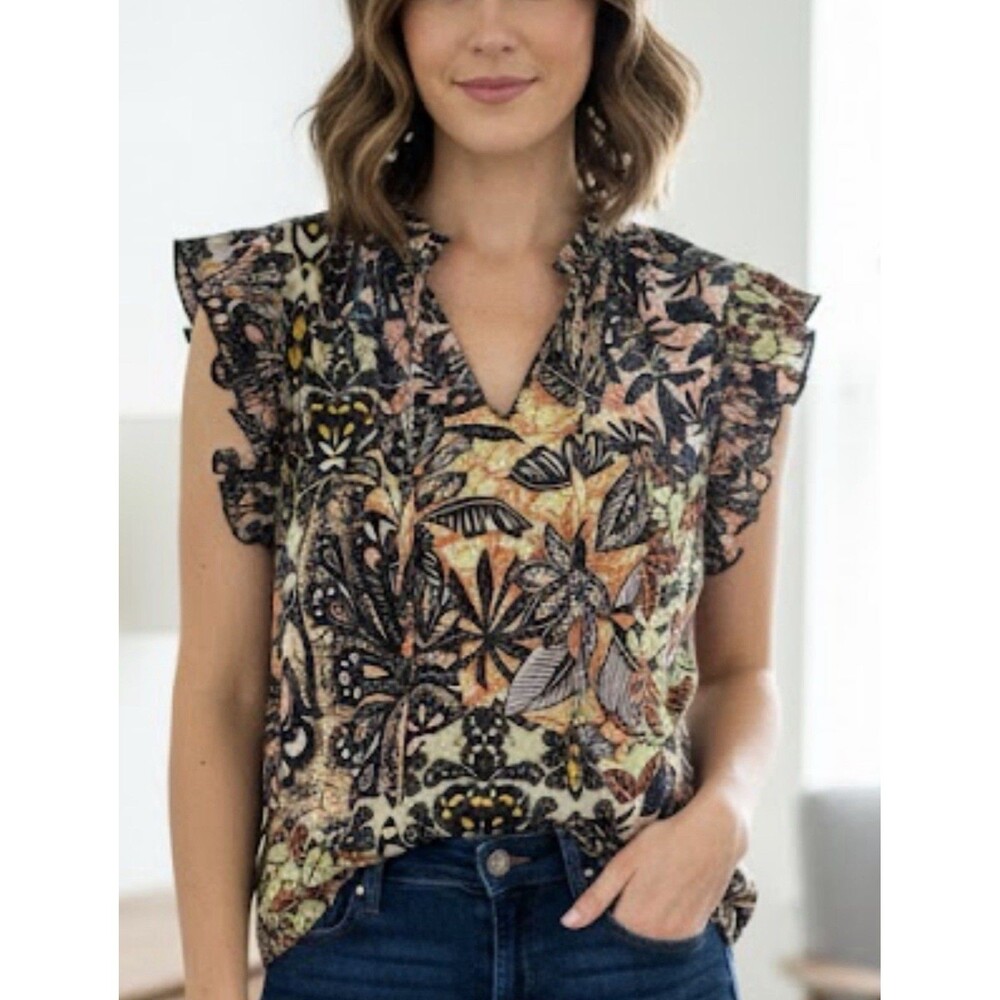 Chenault XL Boho Floral Flutter Sleeve Blouse Tie Neck Lightweight Top